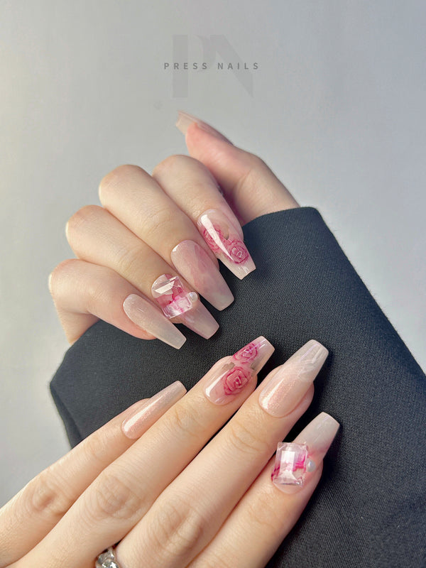 Pink Elegant 3D Rose Long Luxury Press-On Nails