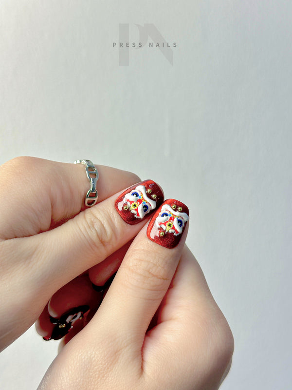 Festive Red Lion Dance Press-On Nails - Short Design